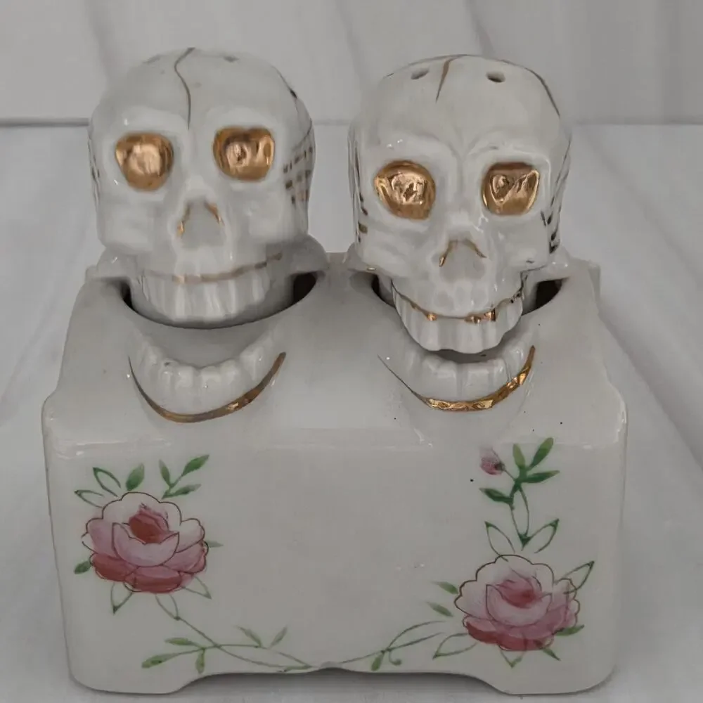 1950s Empress Japan Nodding Skull Salt & Pepper Shakers w/ Base